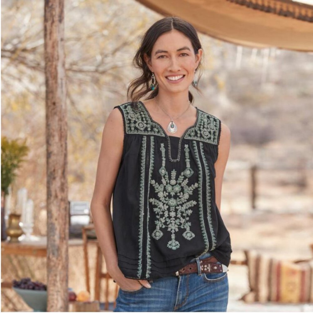 Sundance Black Sleeveless Embroidered Tank with Sage Green Detailing